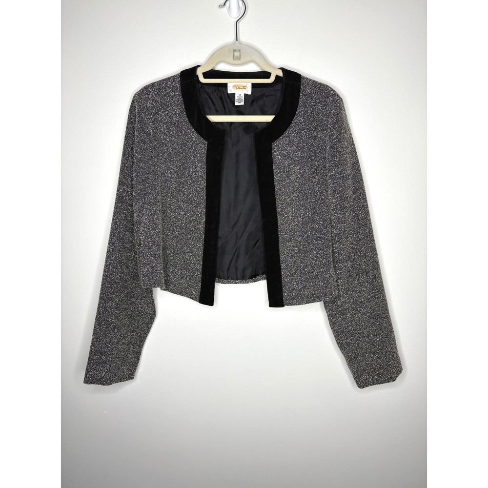 Vintage Talbots Black White tweed Cropped Bolero Jacket Velvet Trim Women's 12